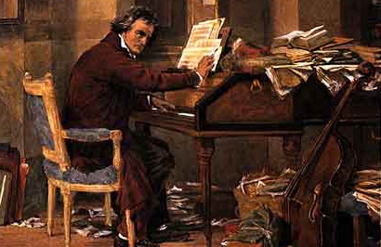 Painting of Beethoven sitting at his piano composing