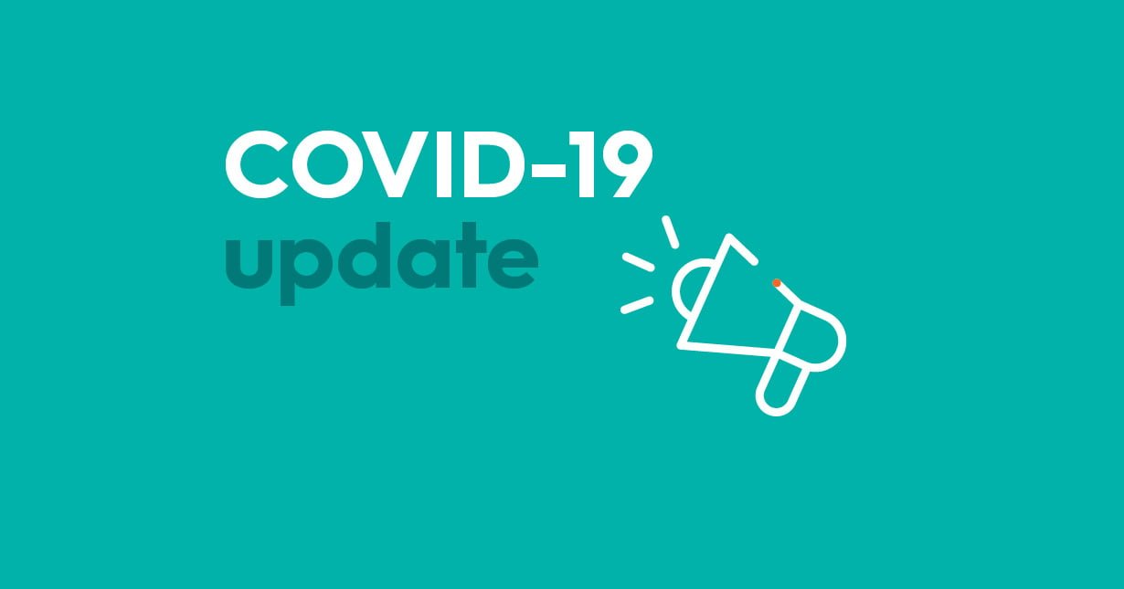 Text on a aqua background saying 'COVID-19 Update' with a picture of a megaphone