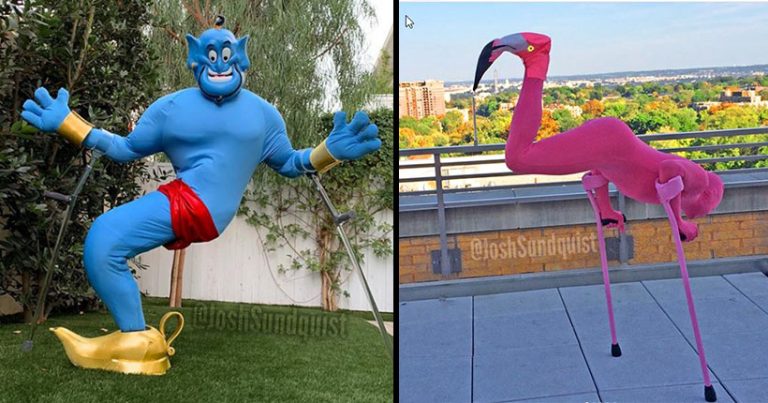Two images side by side. In the first image a man is dressed up an a Genie, and on the right he is dressed as a flamingo.